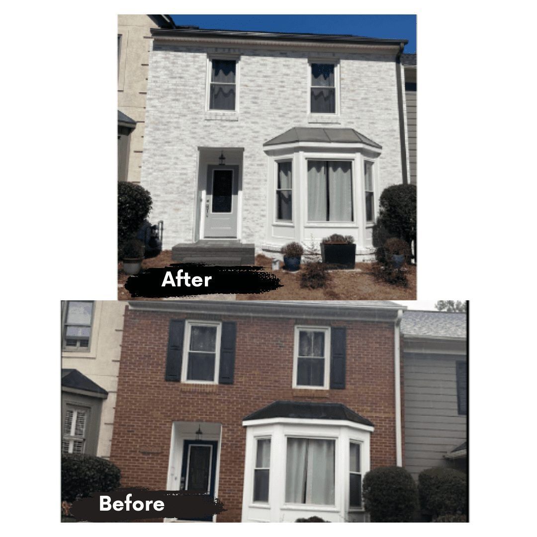 A before and after picture of a brick house painted white