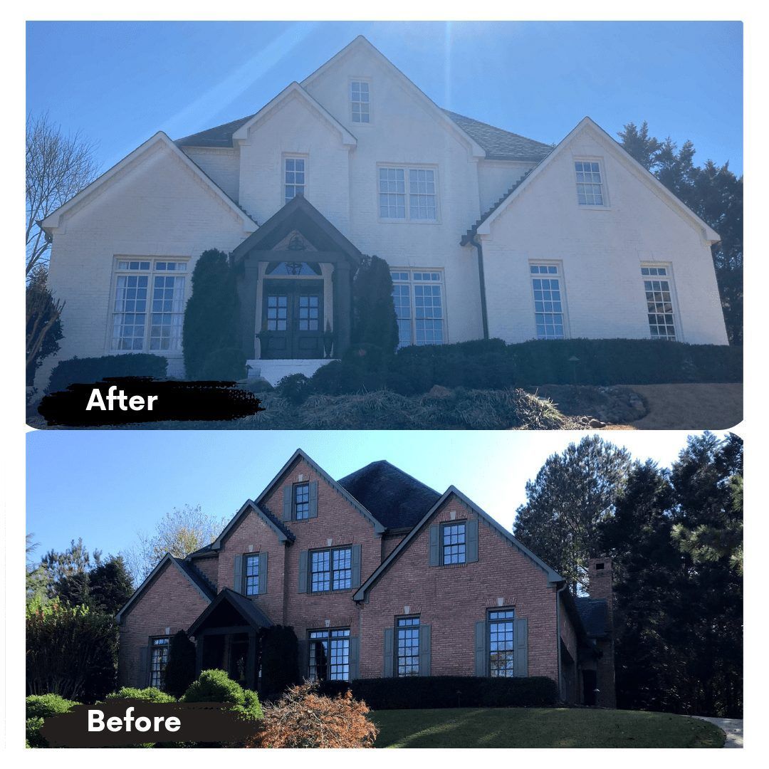A before and after picture of a brick house