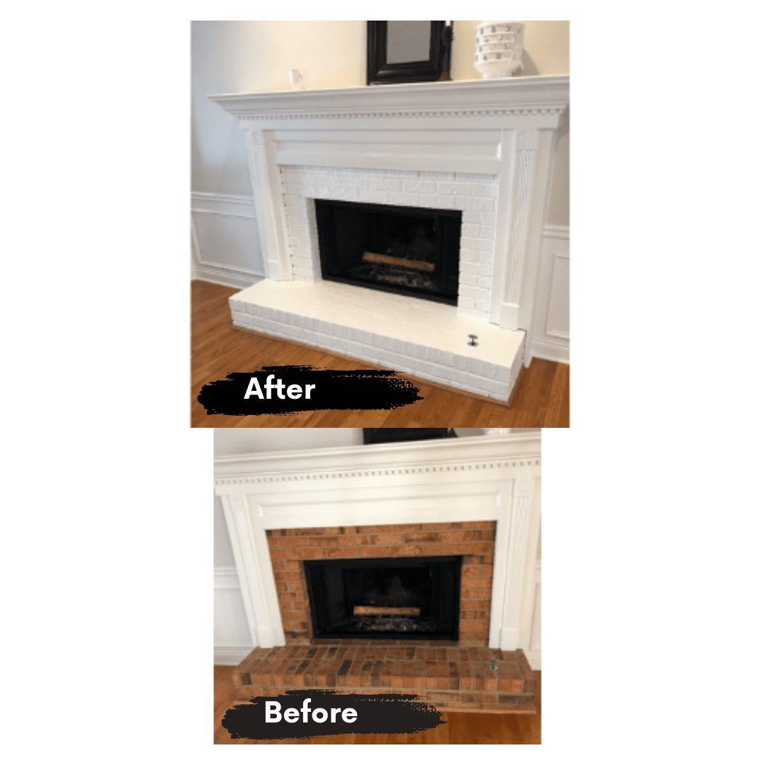A before and after picture of a fireplace.