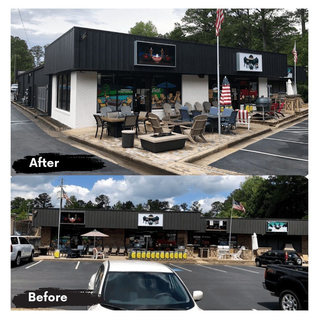A before and after picture of a building with a car parked in front of it.