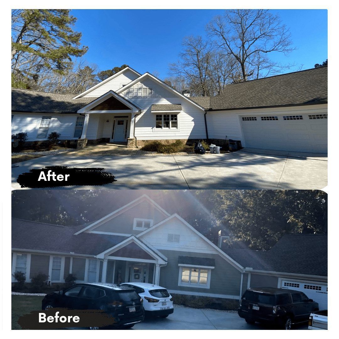 A before and after picture of a house with cars parked in front of it.