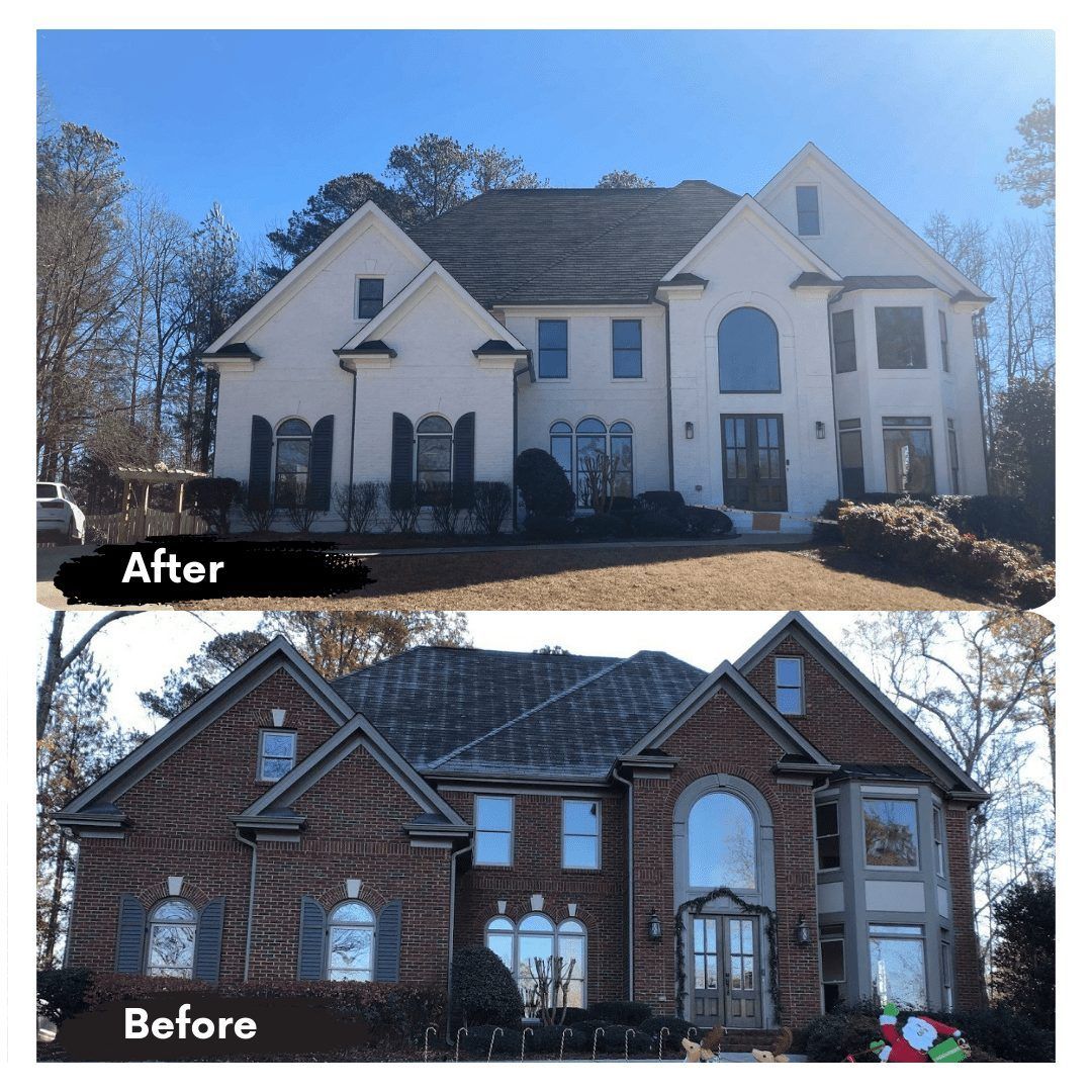 A before and after picture of a brick house
