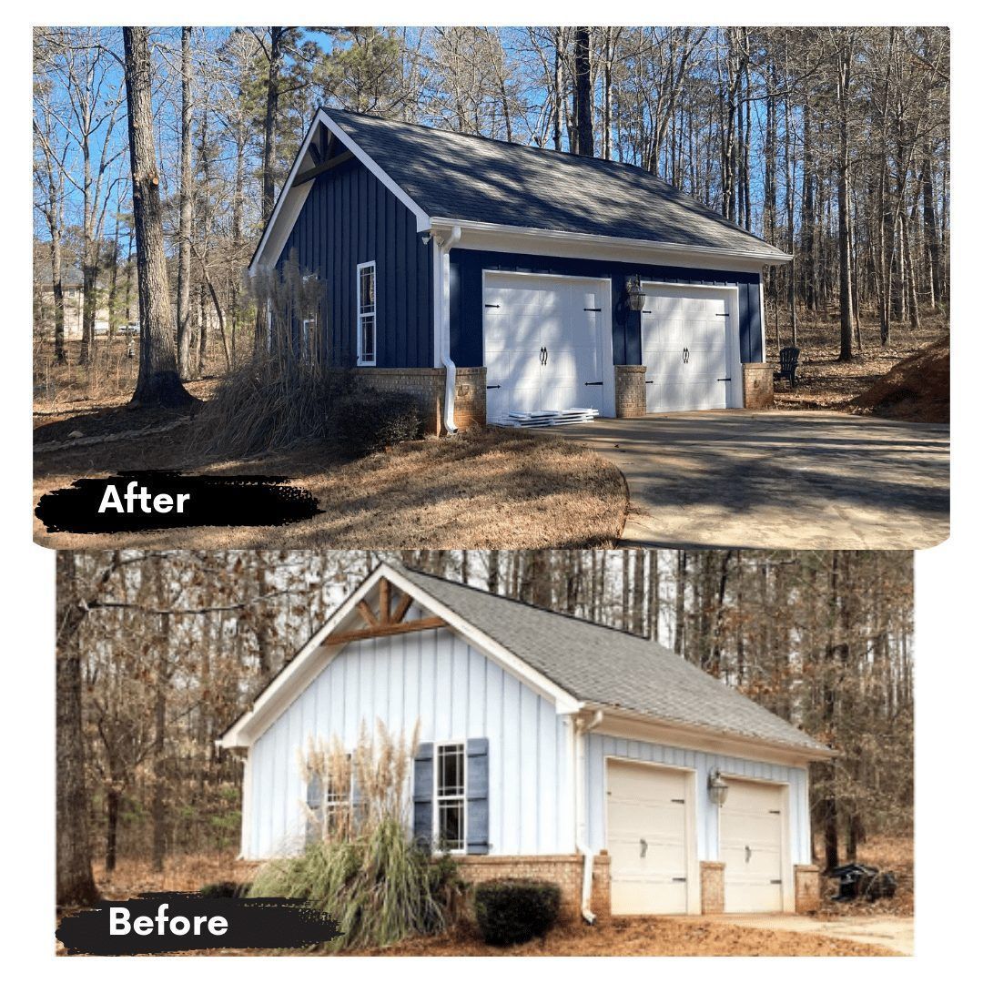 A before and after picture of a garage with a blue roof