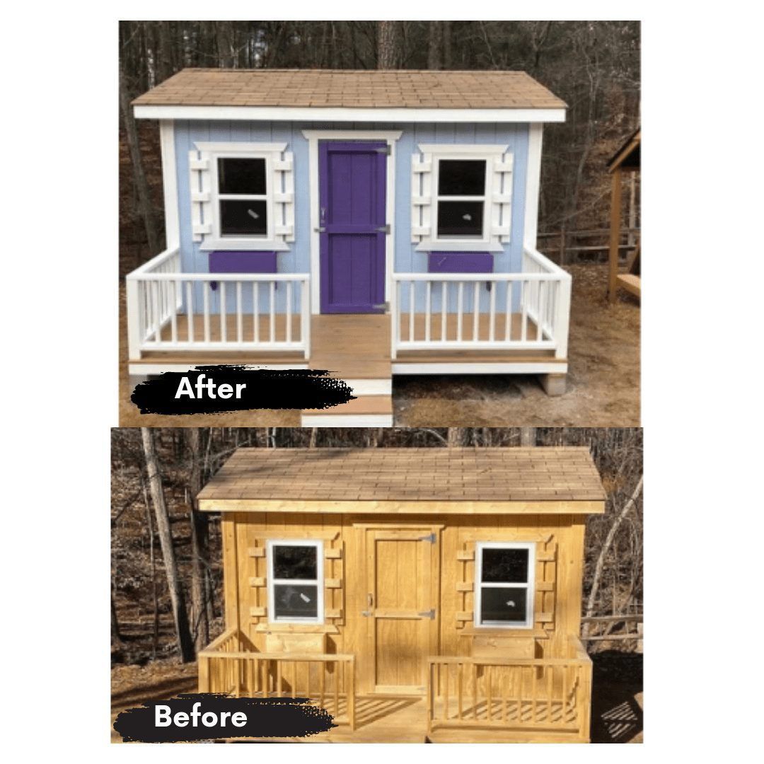 A before and after picture of a playhouse with a purple door.