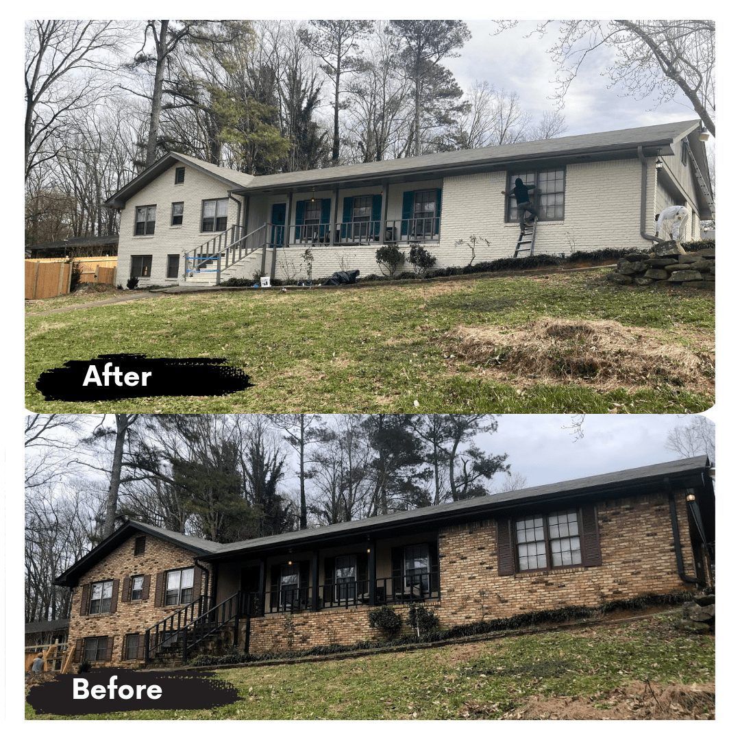 A before and after picture of a house with a stone facade.