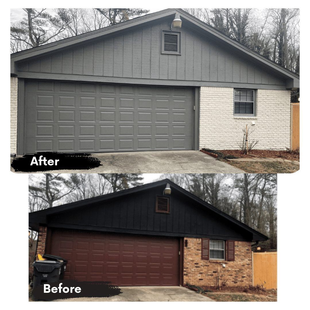 A before and after picture of a house with a garage door.