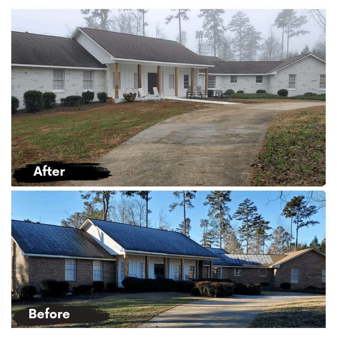 A before and after picture of a house with a blue roof