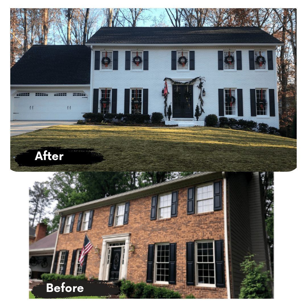 A before and after picture of a house with black shutters