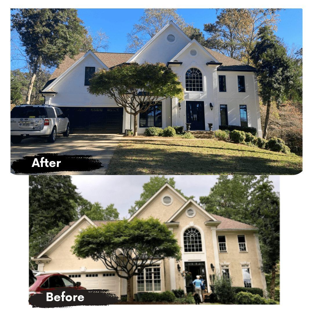 A before and after picture of a large house
