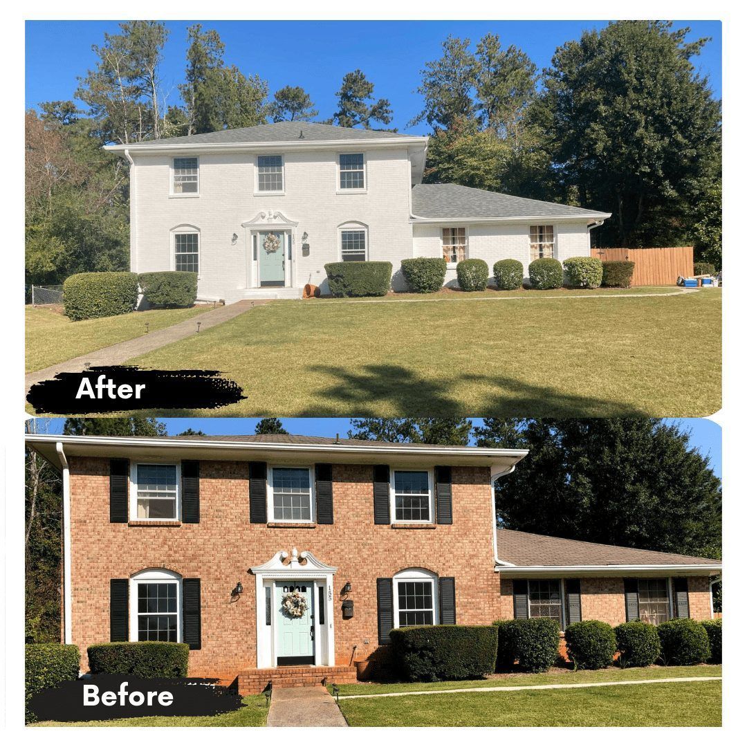 A before and after photo of a brick house