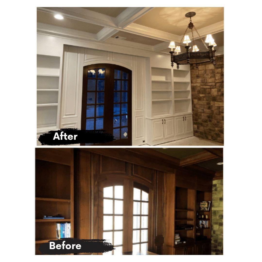 A before and after picture of a living room