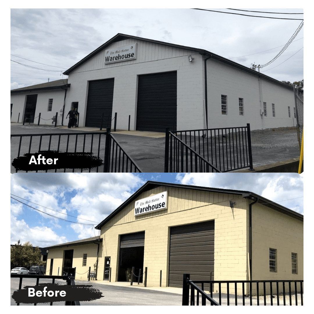 A before and after picture of a building that has been painted.