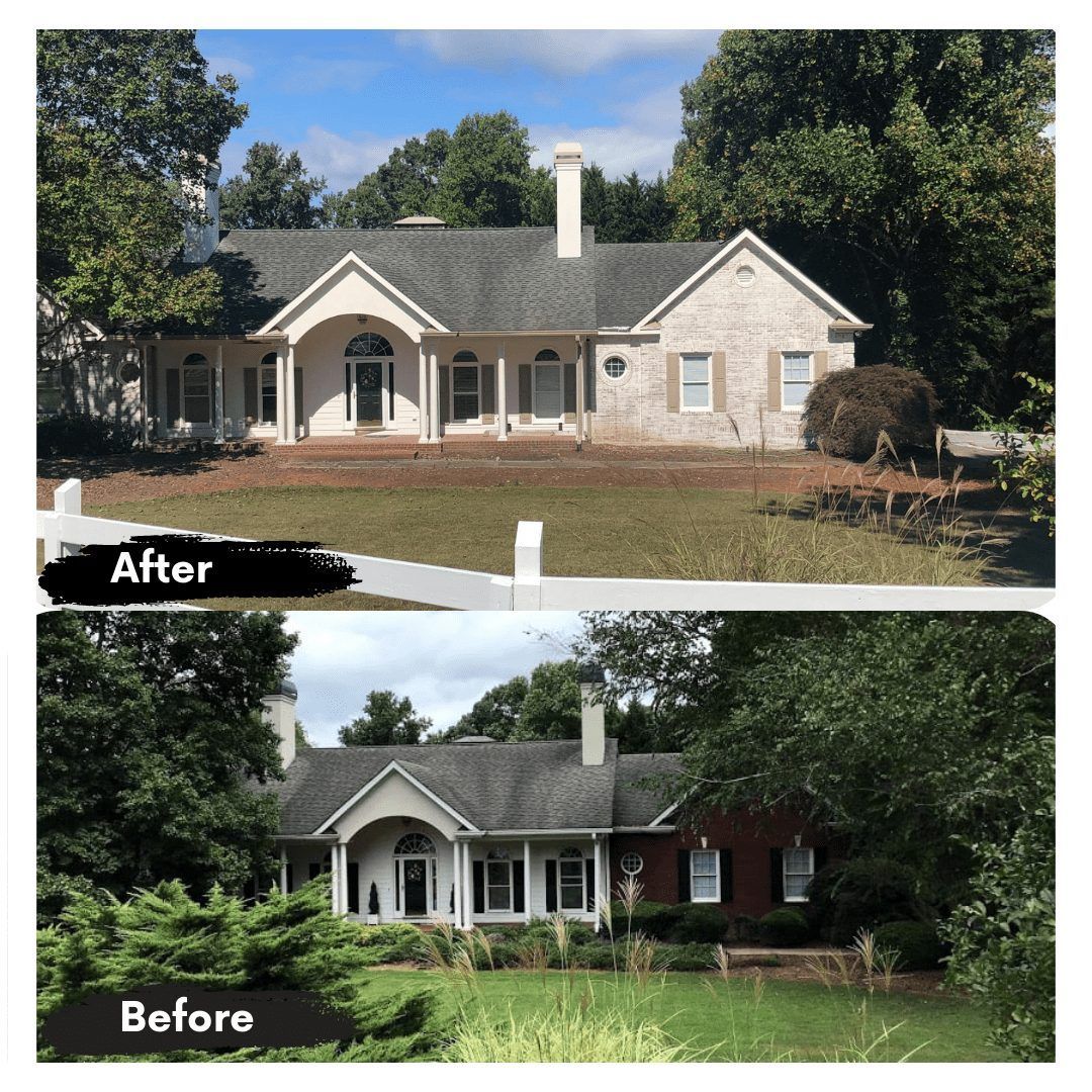 A before and after picture of a brick house