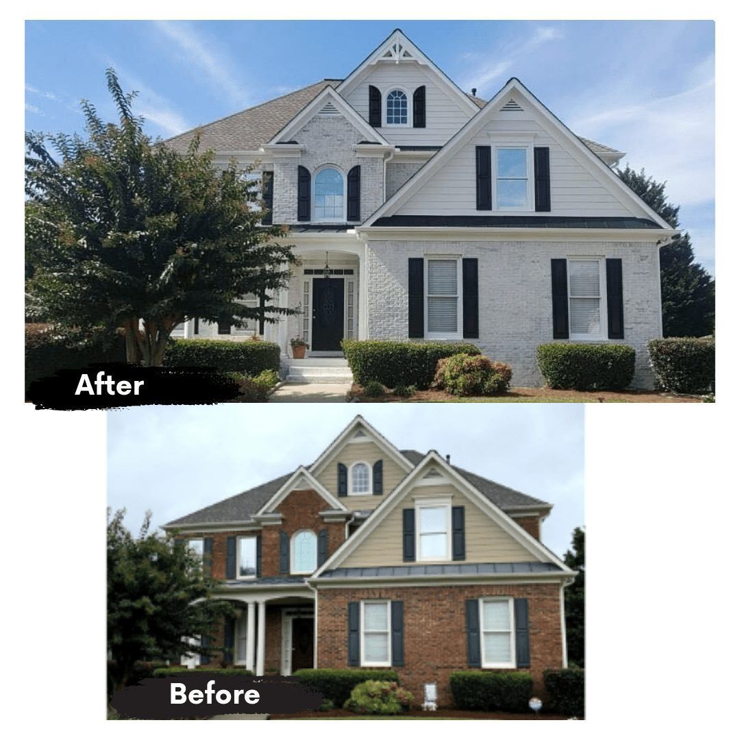 A before and after picture of a house with black shutters