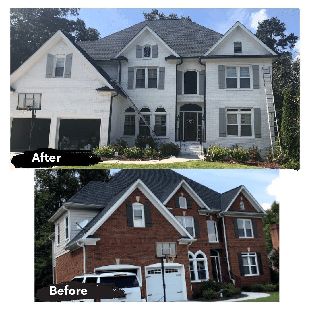 A before and after picture of a house with a black roof