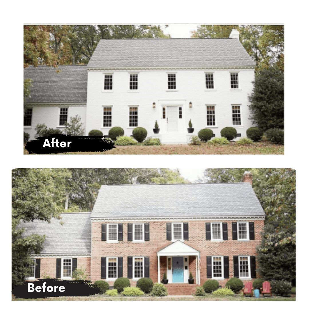A before and after picture of a white house with black shutters