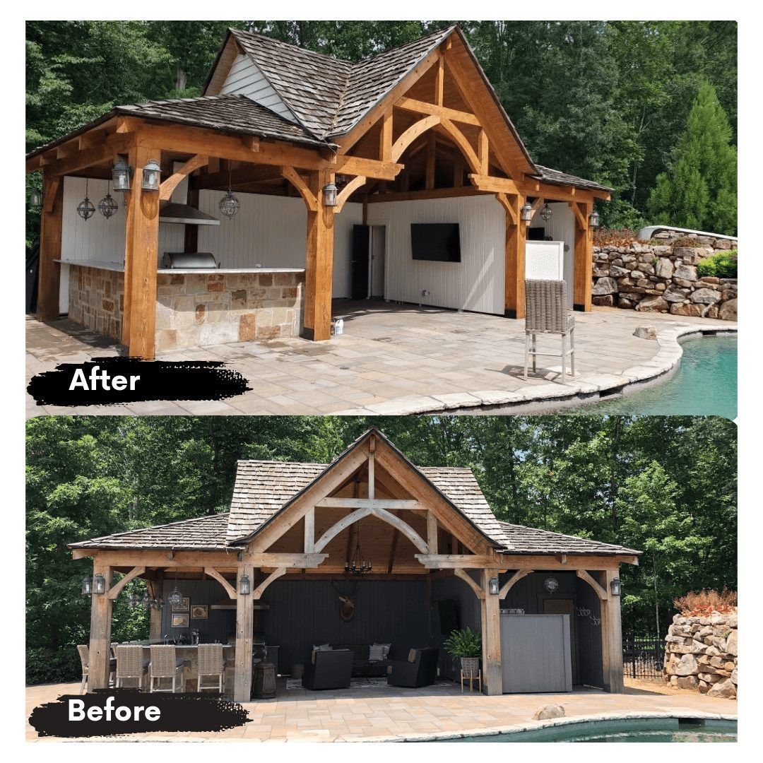 A before and after picture of a wooden pavilion next to a pool.
