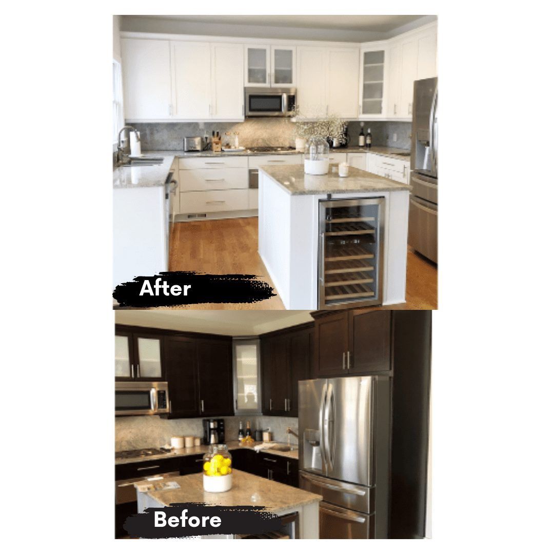 A before and after photo of a kitchen with white cabinets and stainless steel appliances.