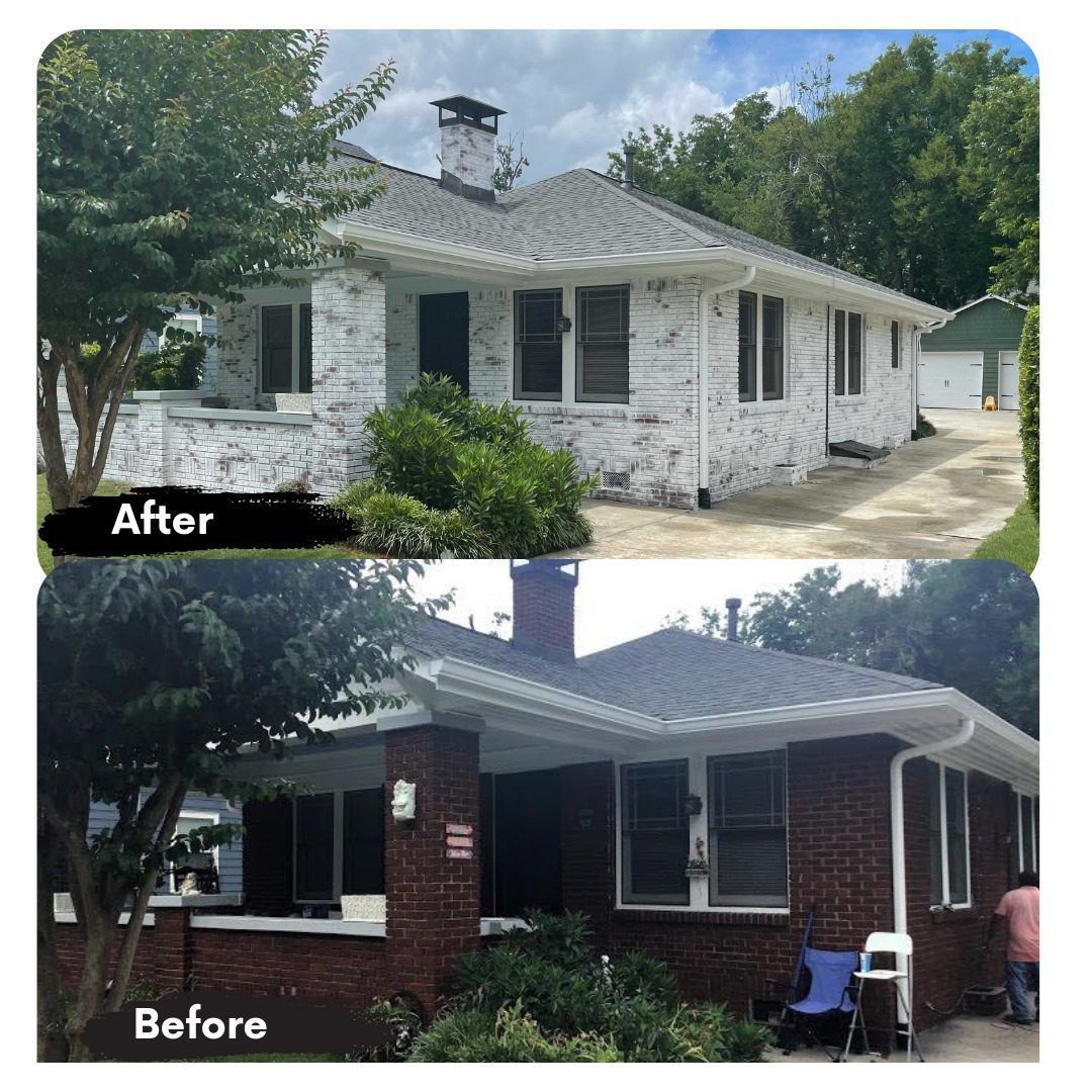 A before and after picture of a brick house
