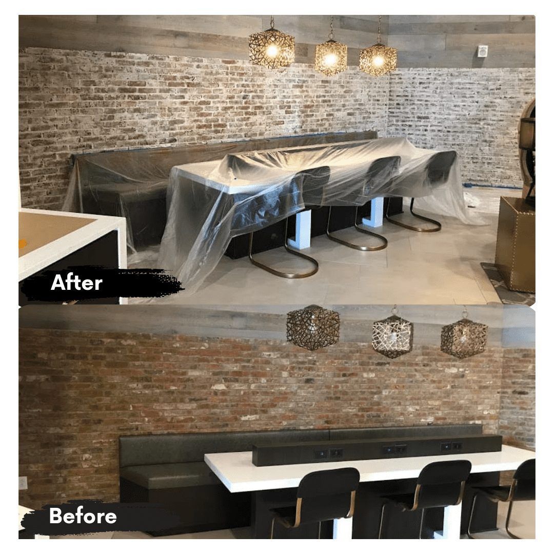 A before and after photo of a dining room with a brick wall.