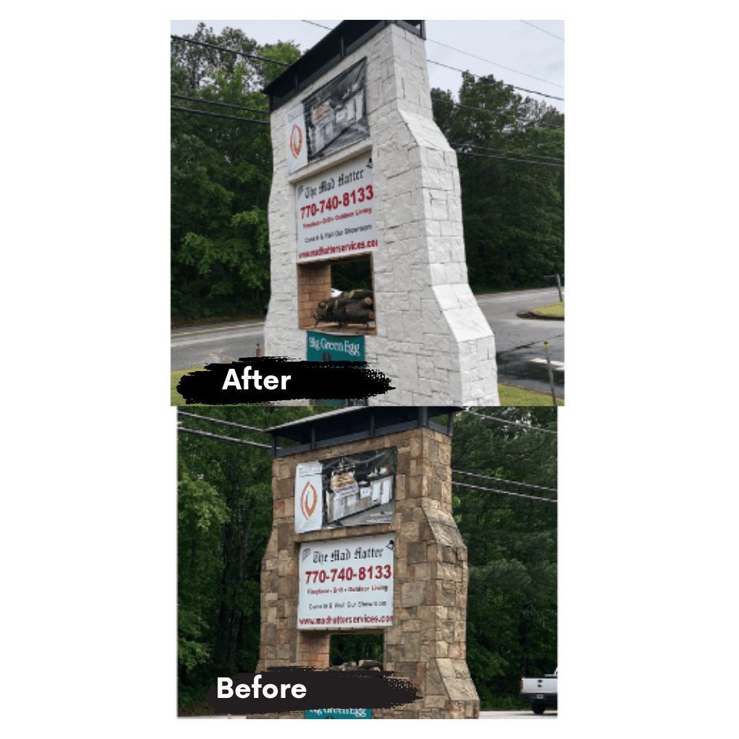 A before and after picture of a large stone sign.