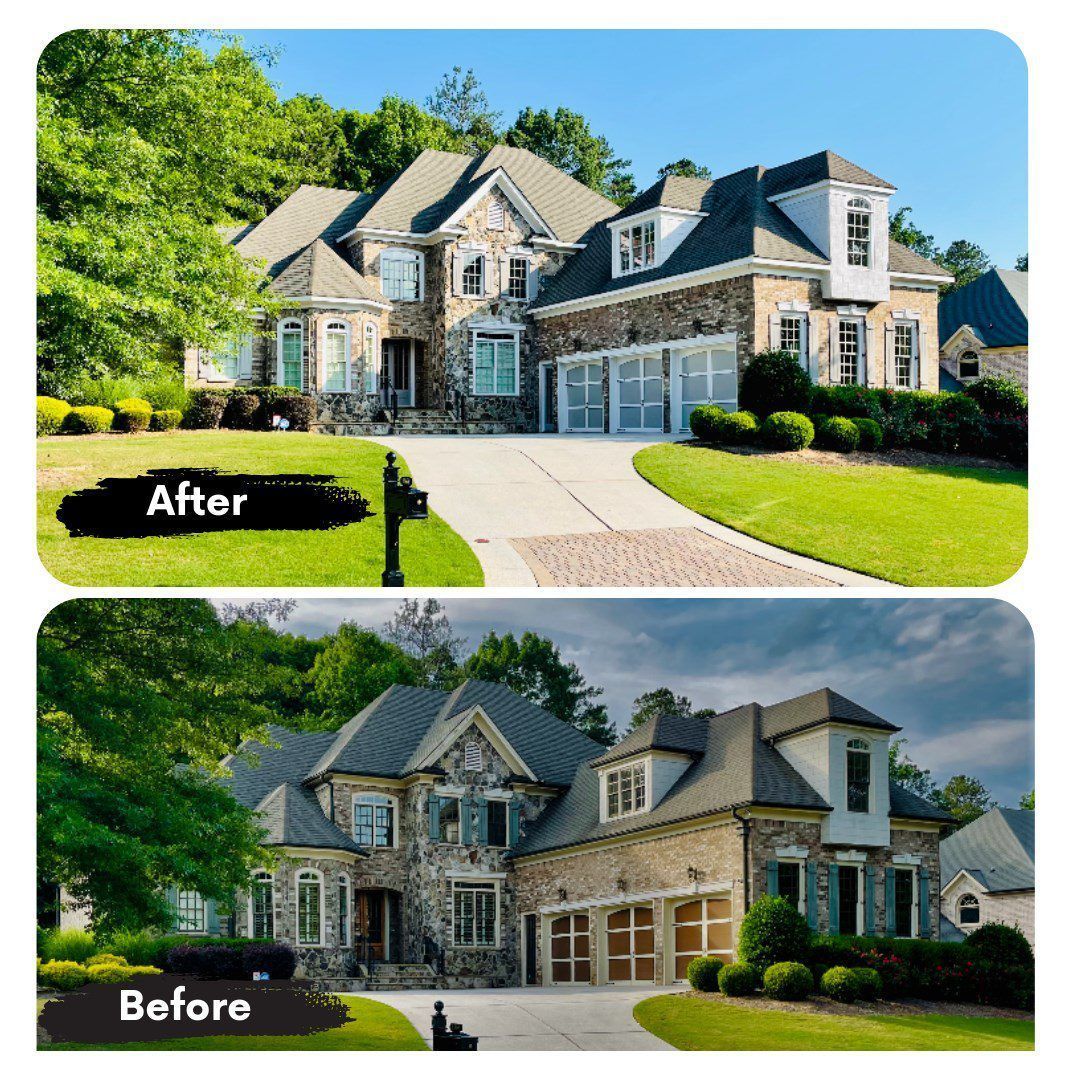 A before and after picture of a large house.