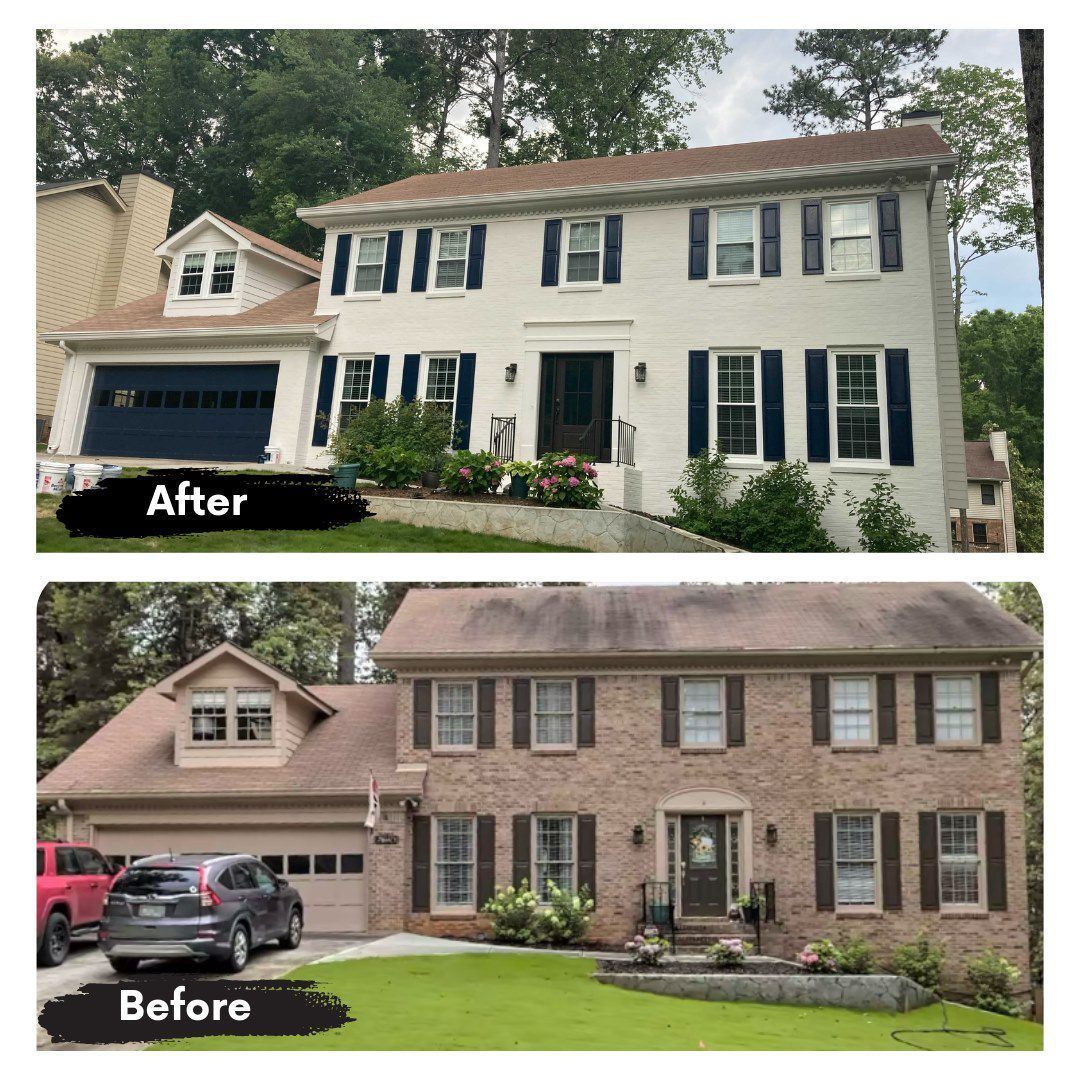 A before and after picture of a brick house with shutters.