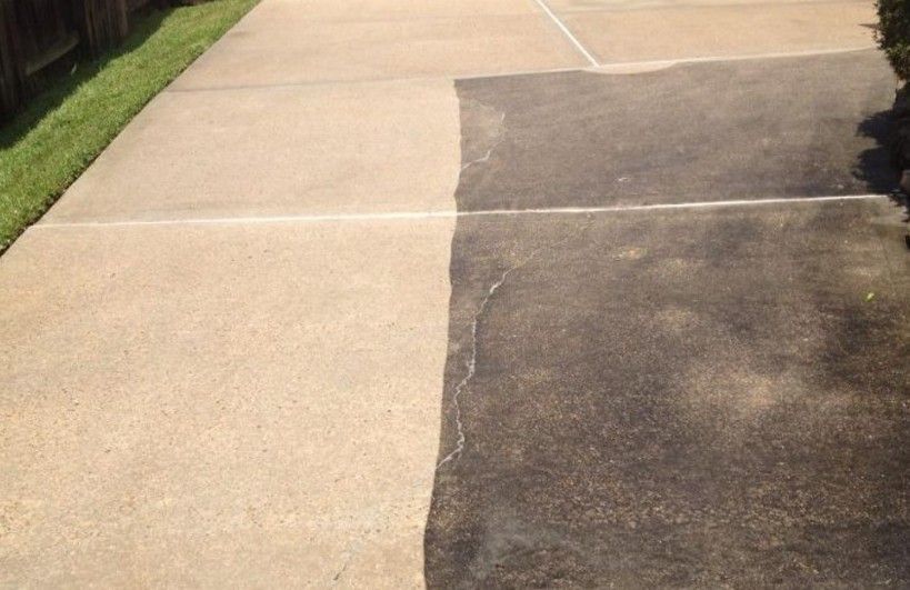 A before and after picture of a concrete driveway.