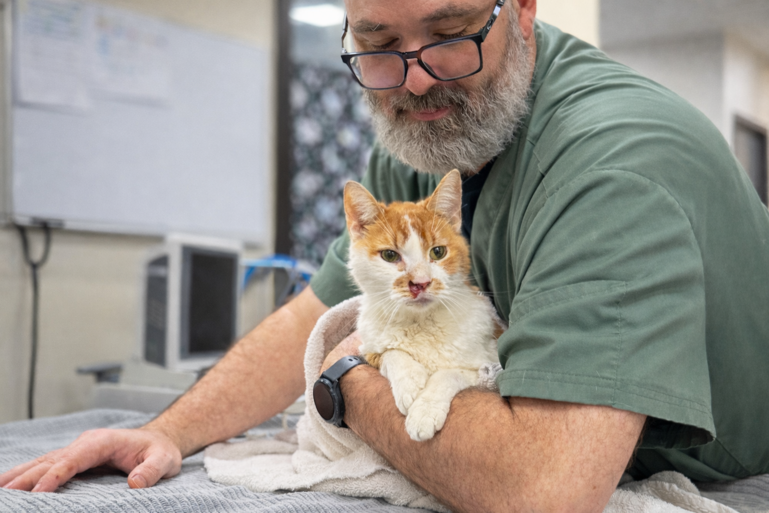 Veterinarian holding orange and white cat wrapped in towel on examination table.