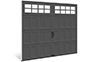 A black garage door with white windows on a white background.