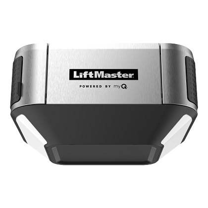 A liftmaster garage door opener is sitting on top of a white surface.