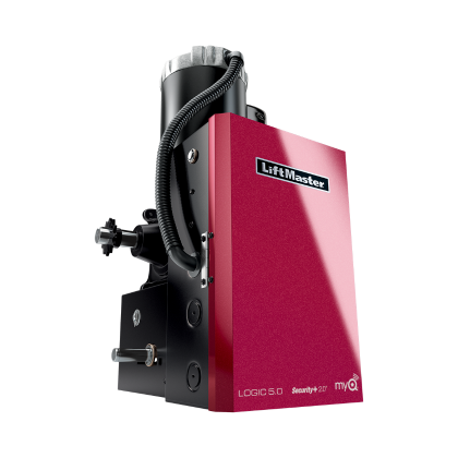 A red liftmaster garage door opener on a white background