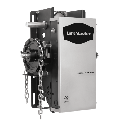 A liftmaster garage door opener with chains attached to it