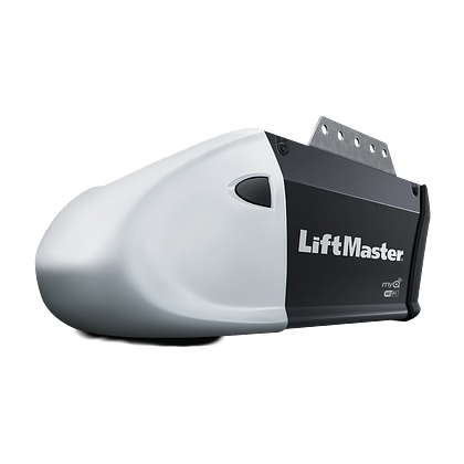 A white and black liftmaster garage door opener on a white background.