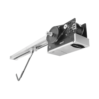 A black and white photo of a garage door opener on a white background.