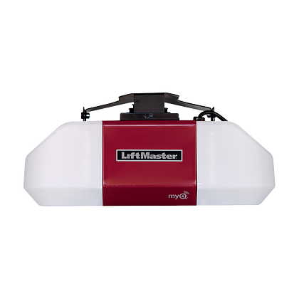 A red and white liftmaster garage door opener on a white background.