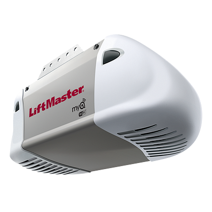 A white liftmaster garage door opener on a white background.