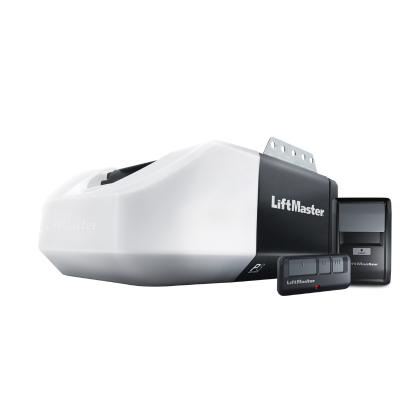 A white and black liftmaster garage door opener with two remote controls.