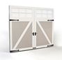 A close up of a white garage door on a white background.