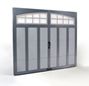 A gray garage door with a window on top of it on a white background.