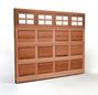 A wooden garage door with windows on a white background.