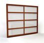 A 3d model of a sliding glass door with a wooden frame on a white background.