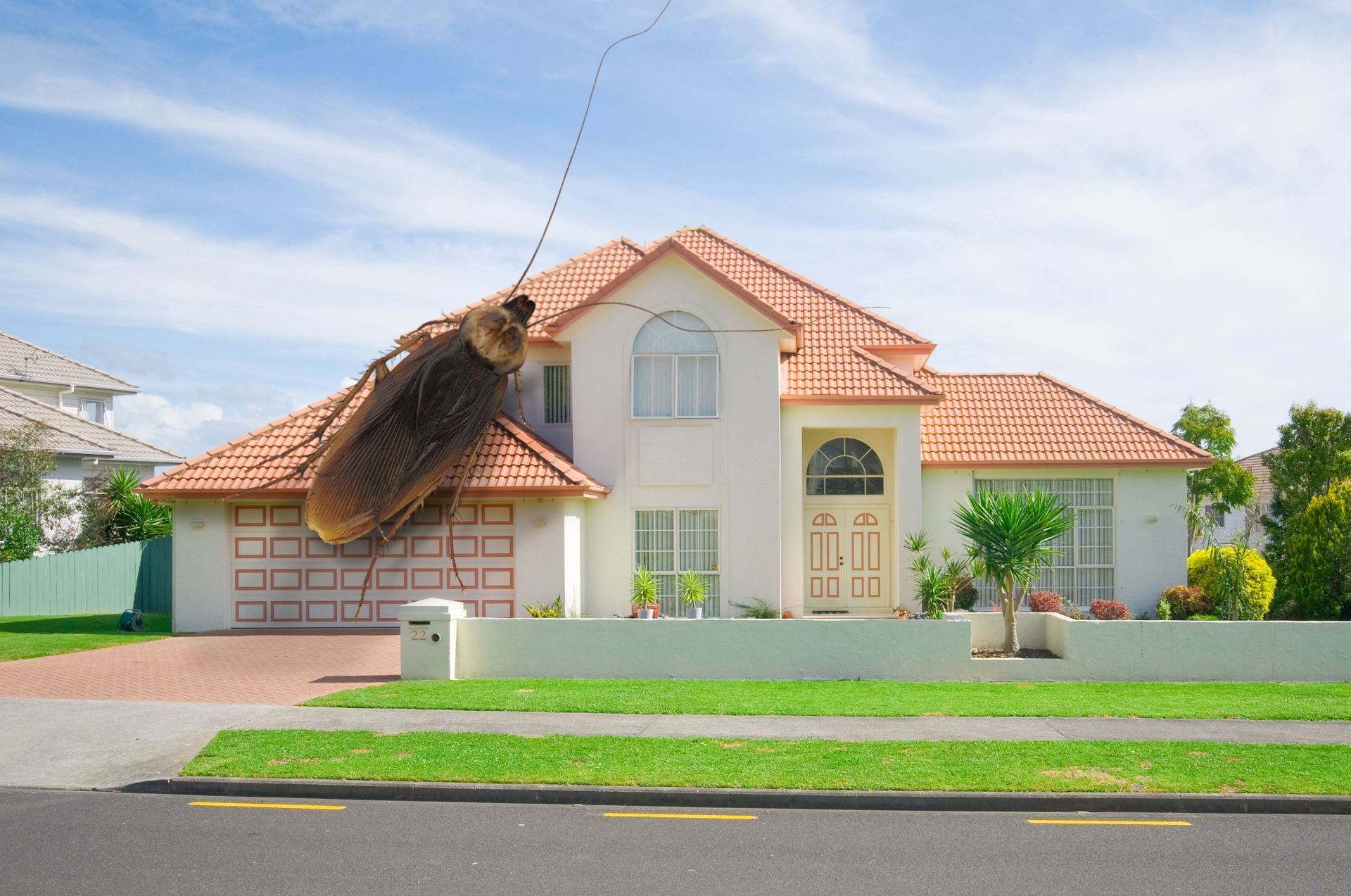 A giant cockroach perched on a suburban house with a red-tiled roof on a sunny day.