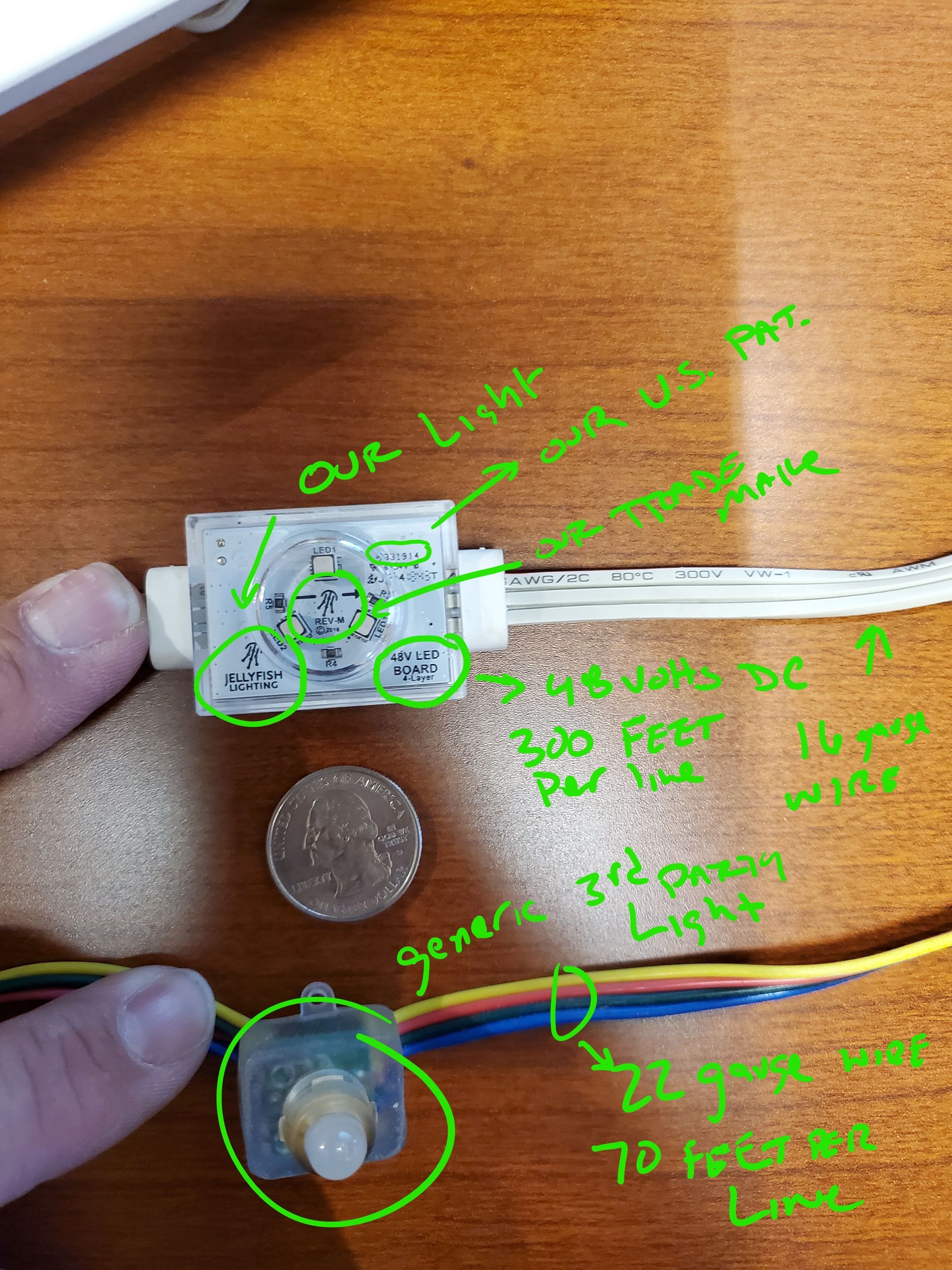 A person is holding a piece of electronic equipment next to a penny.