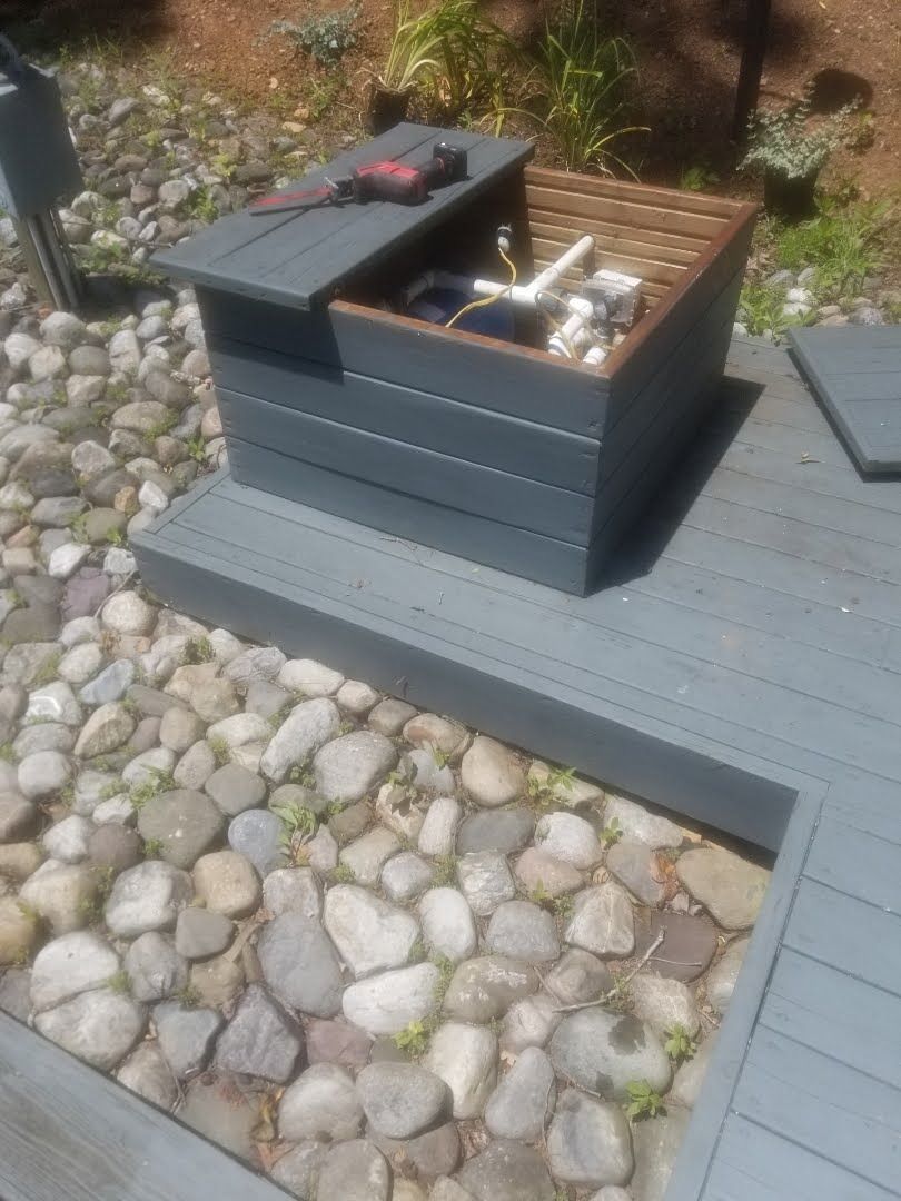 A wooden box is sitting on top of a wooden deck.