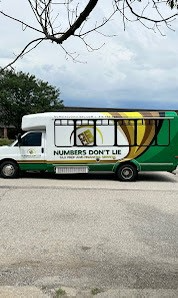 A green and white bus is parked on the side of the road.