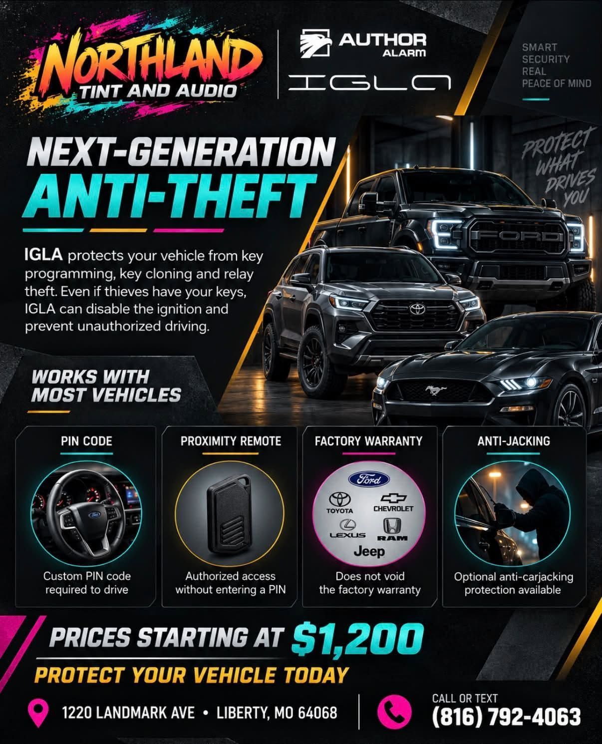 Next-gen anti-theft promo for Northland auto, black SUV, prices starting at $1,200 on dark background
