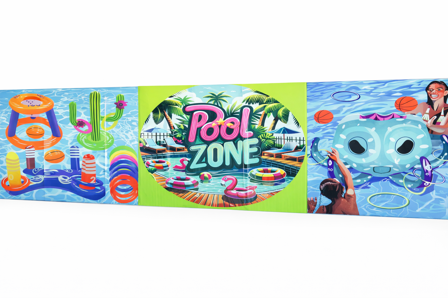 A banner showing pool games, a Pool Zone logo, and a person playing with an inflatable octopus in a swimming pool.