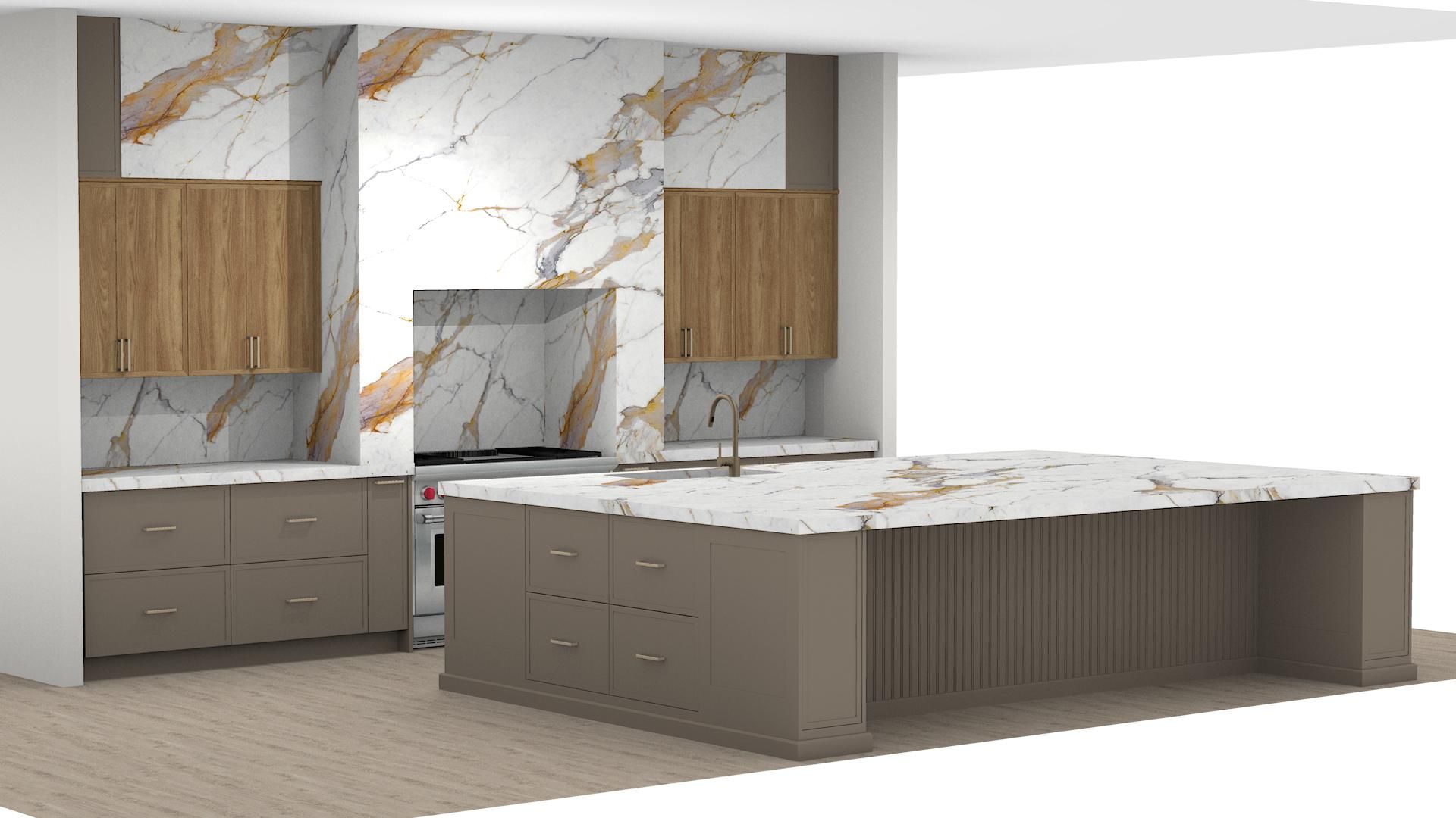 A 3d rendering of a kitchen with a large island and marble counter tops.