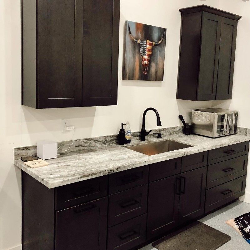 A kitchen with a sink and a painting of a bull on the wall